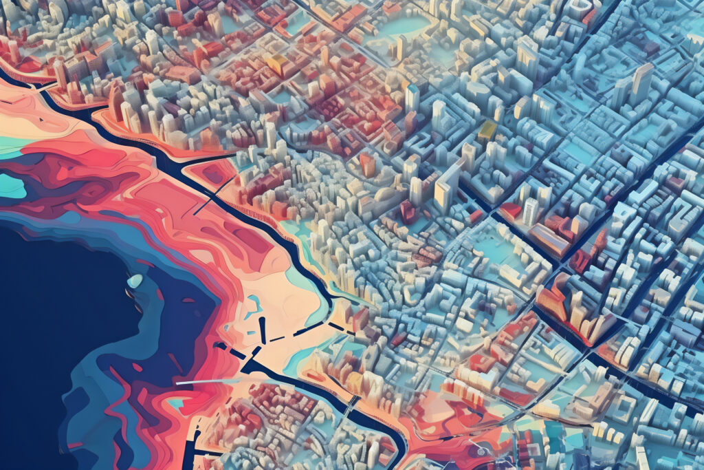 GIS digital representation of city urban areas, including roads and suburbs, created through the generative ai